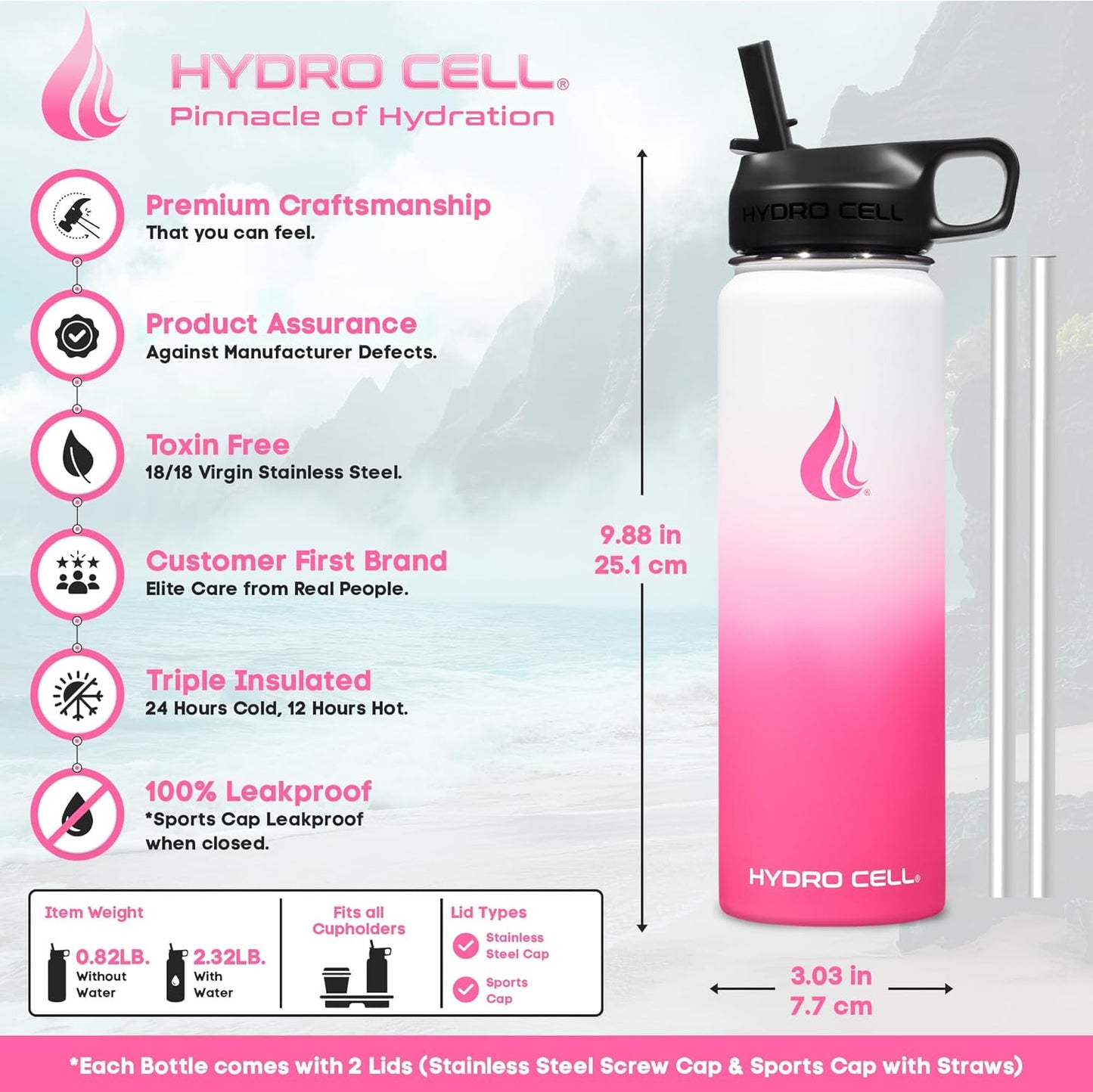 HYDRO CELL Stainless Steel Insulated Water Bottle with Straw - For Cold & Hot Drinks - Metal Vacuum Flask with Screw Cap and Modern Leakproof Sport Thermos for Adults (White/Pink 24oz)