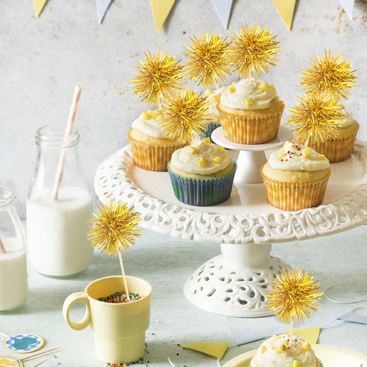 80 Pcs Firework Cupcake Topper Gold Graduation Cake Decorations Foil Frill Toothpicks for Party Decoration, Cake Toppers, Picnics, Bar, Birthday, Holiday (Gold)