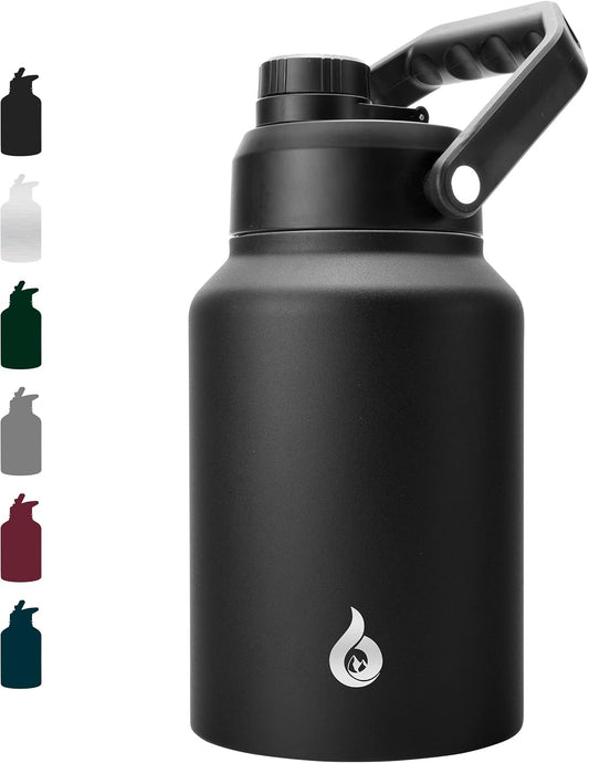BJPKPK 64 oz Insulated Water Bottle, Dishwasher Safe Half Gallon Water Bottle with Ergonomic Handle, BPA Free Leak Proof Water Jug for Sports, Metal Thermos with Anti-slip Bottom, Black