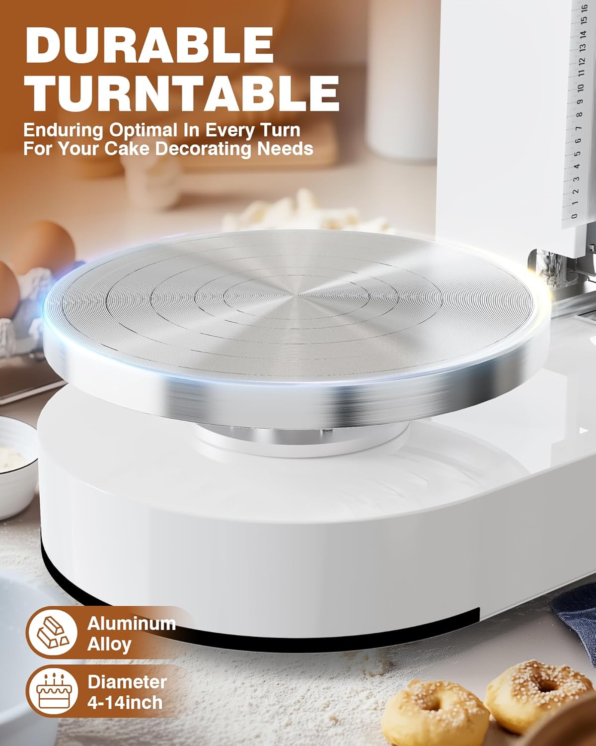 PYY Cake Decorating Machine - Automatic Cake Cream Spreading Machine for 4" to 14" Cake Icing Machine 60-320 RPM with Graduated Scrapers Electric Cake Turntable for Cake Frosting Machine White