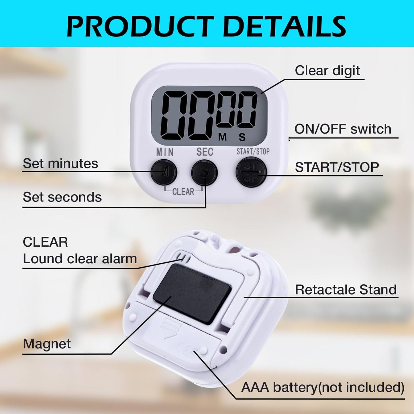 Leumoi 24 Pcs Digital Kitchen Timers Magnetic Back Timers Bulk Large Screen Loud Alarm On/Off Switch Minute Second Count up Countdown Memory Setting for Cooking Classroom Exercise (White and Black)