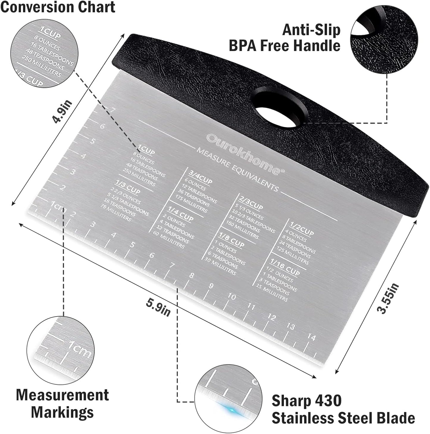 Ourokhome Dough Pastry Bench Cutter Scraper, Stainless Steel Pizza Cutter for Kitchen Baking, Dishwasher Safe, Anti-Wear Laser-Engraved Measuring Scale and Conversion Chart, 2 Pack, Black