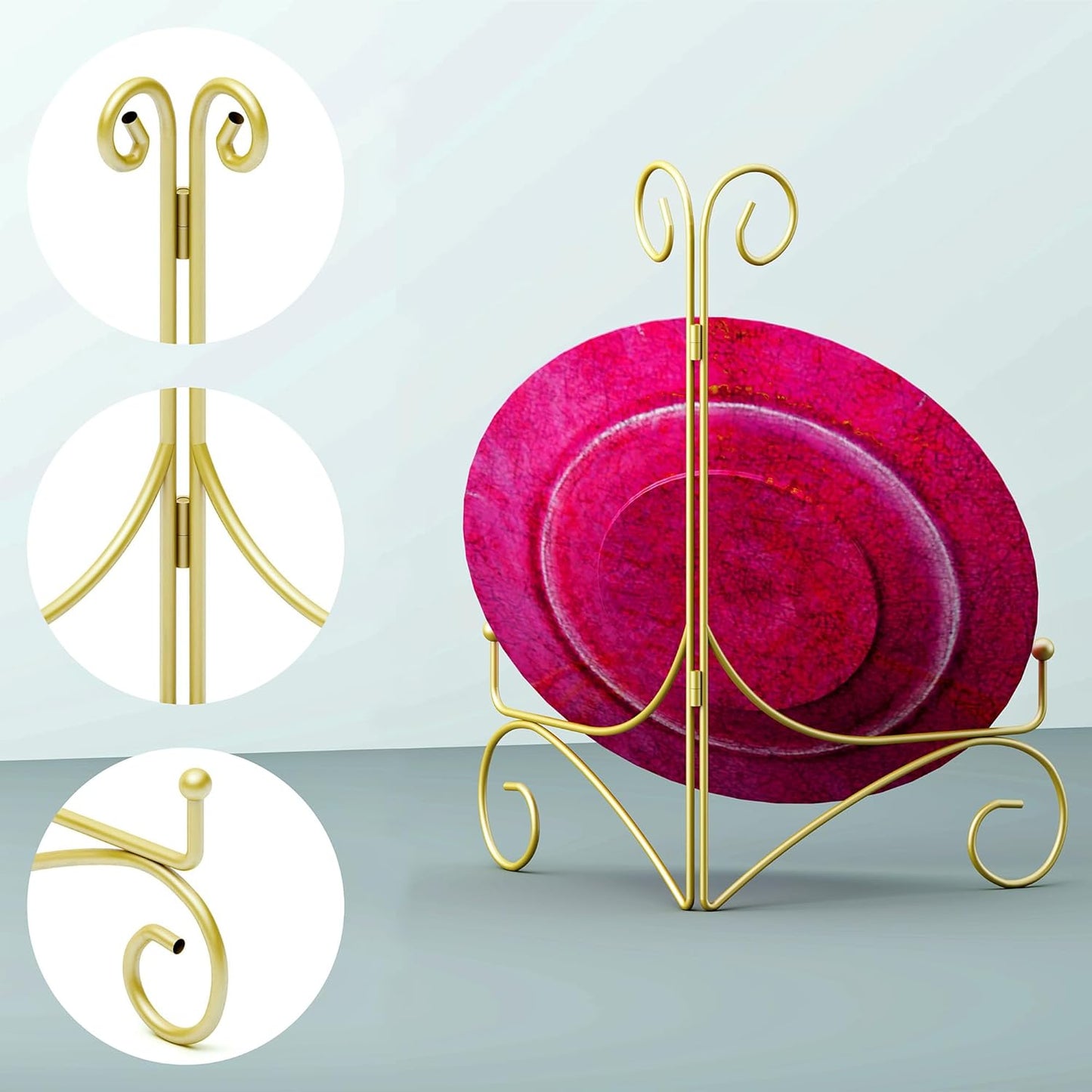 Plate Stand for Display with Hinged Folding Design, 6 Inch Picture Stands for Tables, Small Easels for Displaying Book, Art Piece, Photo and Platter, 6’’ Gold