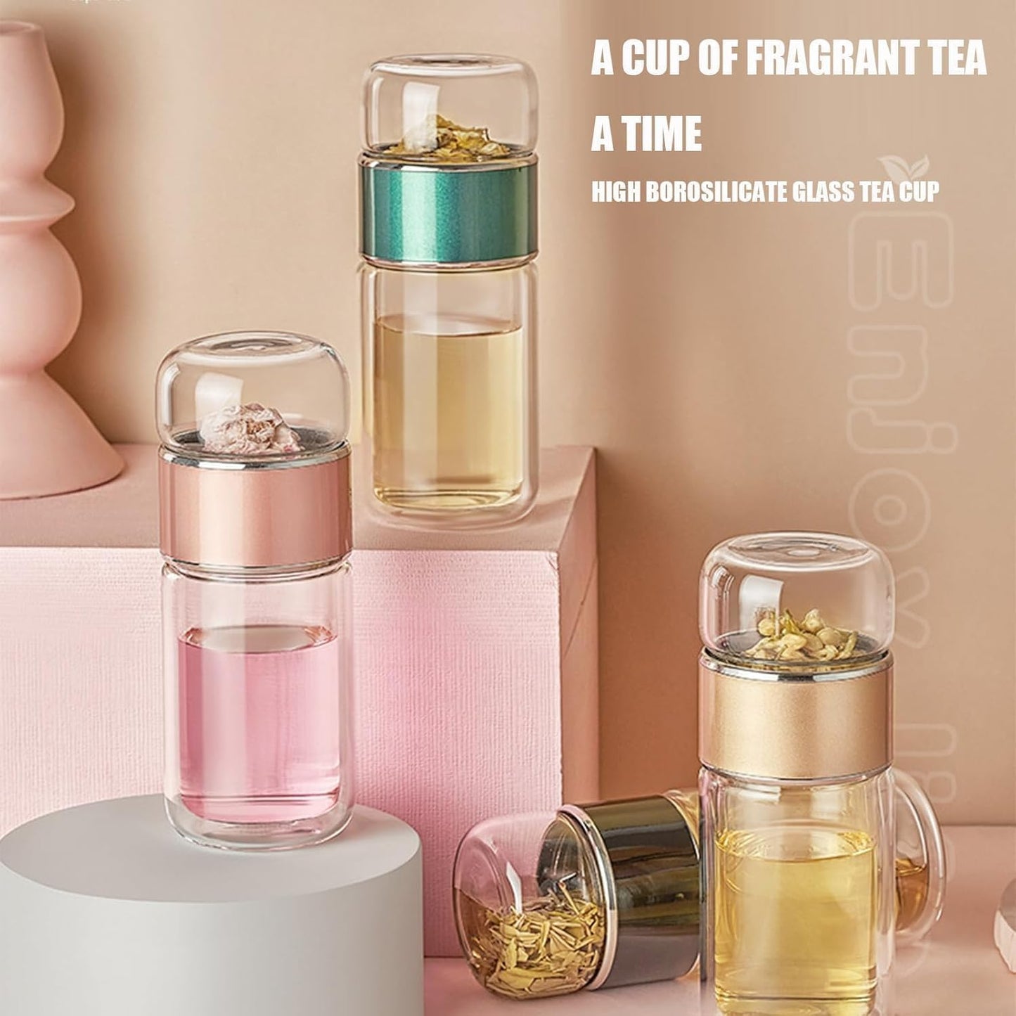 QUROXO 2025 New Tryteava Glass Infuser, Teava 3-In-1 Smart Tea Infuser with Cup Brush, Double-Layer Borosilicate Glass Tryteava Tea infusers Separation Cup (Gold, 350ml (12oz))