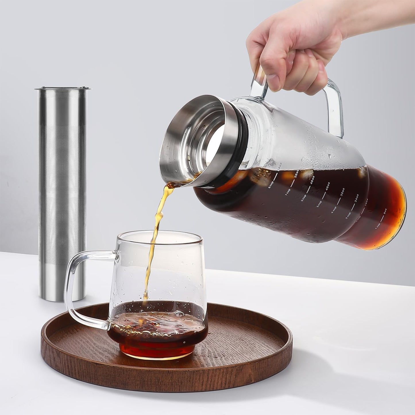 Aquach 68oz Cold Brew Coffee Tea Maker, Glass Pitcher & Stainless Steel Filter, Dishwasher Safe Iced Coffee Tea Maker with Airtight Lid and Large Handle