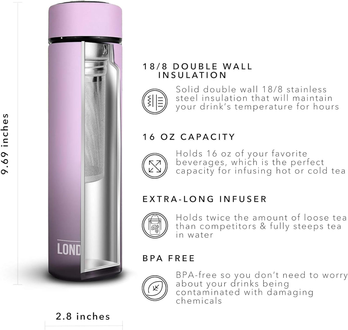 London Sip Multi-Purpose Tea Infuser Travel Mug and Tumbler Fruit Infuser Flask Hot and Cold Double Wall Stainless Steel Thermos with Extra-Long Infuser, Gentle Lilac