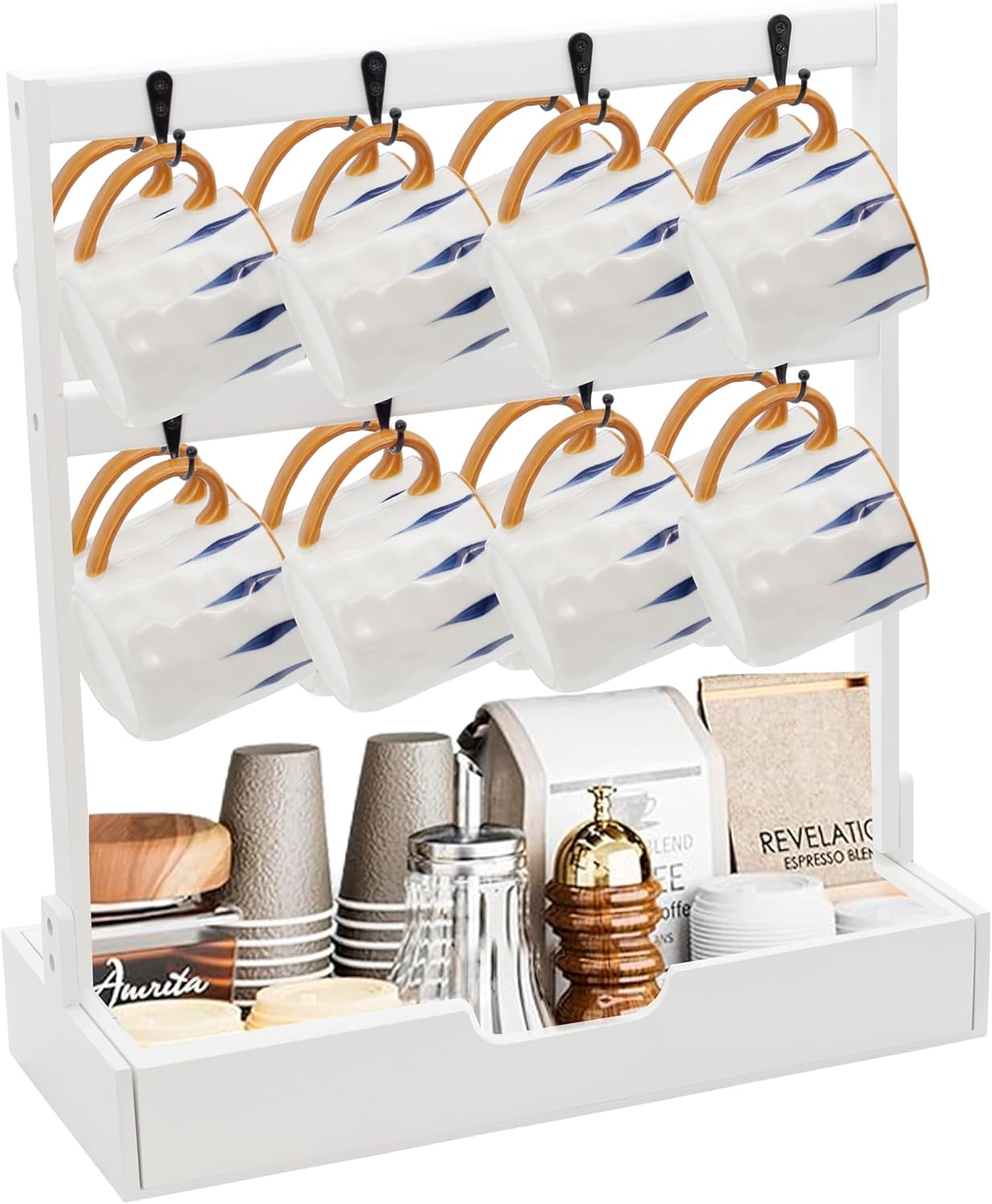 MinBoo Coffee Mug Cup Stand Bamboo Counter Top with 16 Hooks 2 Tier Coffee Mugs Tree with Coffee Pod Drawer Countertop Mug Rack Shelf Organizer Stand for Home Coffee Bar Kitchen Storage Display White
