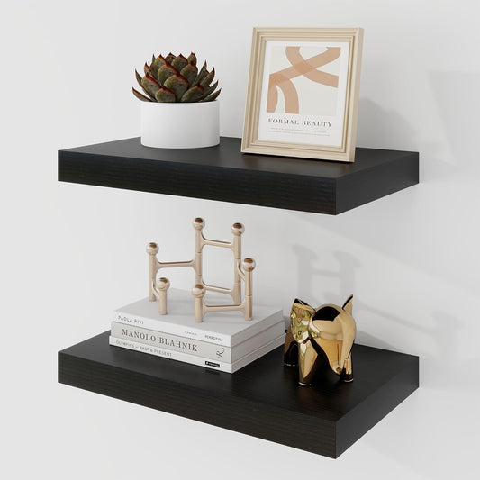 16 Inch Floating Shelves, 9.3" Deep Floating Shelf Wall Mounted, 16" Wall Shelves, Rustic Deep Bookshelf, Large Display Shelves & Storage Shelves for Bedroom, Living Room, Black, Set of 2