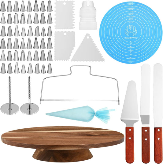 Remerry 61 Pcs Cake Decorating Kit with 12" Wooden Cake Stand Turntable Includes Piping Tips, Spatula, Coupler, Offset & Straight Spatulas, Silicone Mat Baking Tools for Beginners and Professionals