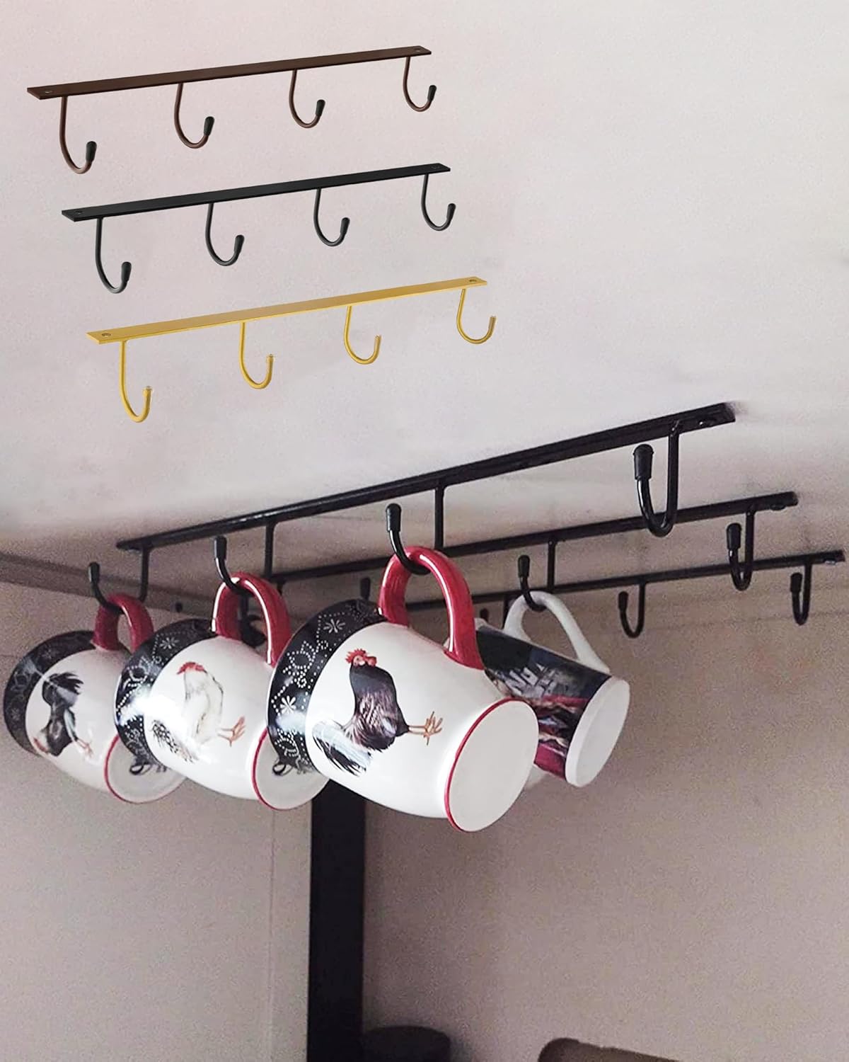 Mug Hanger Under Cabinet 3 Pcs Metal Coffee Hooks Wall Mounted Coffee Cup Rack Mug Storage Organizer for Kitchen Dining Bar - Black