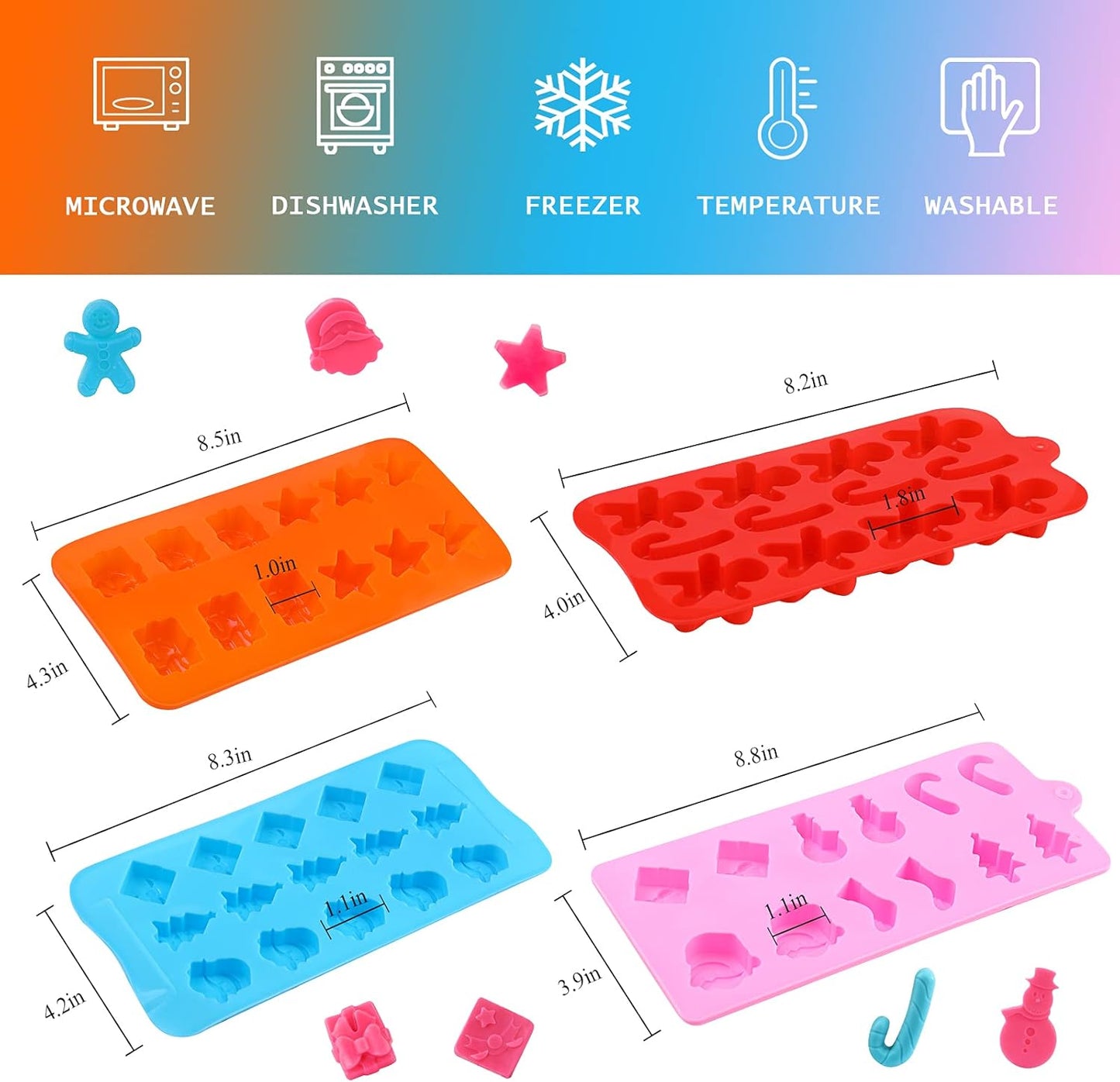 Christmas Silicone Chocolate and Candy Molds, Small Baking Molds for Cake Toppers, Santa Clause Snowman Christmas Tree Presents Gingerbread Stockings Star Candy Cane Molds 6Pcs