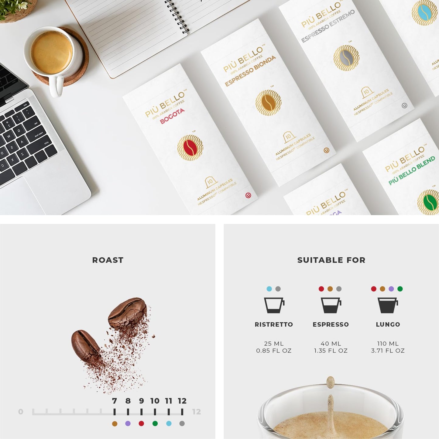 Piu Bello Espresso Coffee Pods for Nespresso Original Machines – Variety Pack – Light Roast, Dark Roast, Chocolate, Nuts, Caramel – Rich & Balanced Taste, Kosher (6-Flavor Multipack, 60 Count)