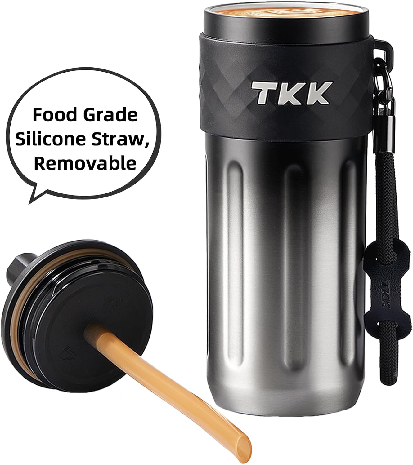 TKK 17 OZ Travel Tumbler Ceramic Lining with Straw Lid, Stainless Steel Vacuum Insulated Double Wall Coffee Tumbler, Leak Proof Iced Water Bottle with Carry Strap for Hot & Cold Drinks, SteelBlack