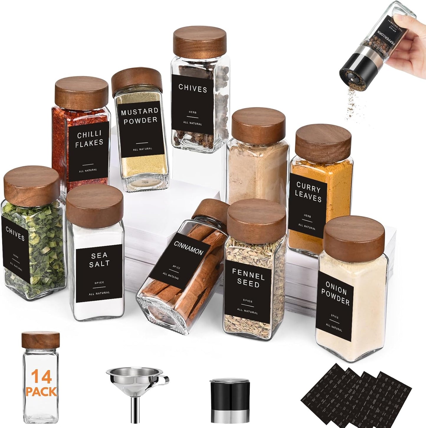 Yangbaga 14Pcs Glass Spice Jars with Labels-4oz Acacia Wood Lid Square Spice Containers with Pepper Grinder Lids &Funnel,Seasoning Jars for Rack Cabinet Drawer