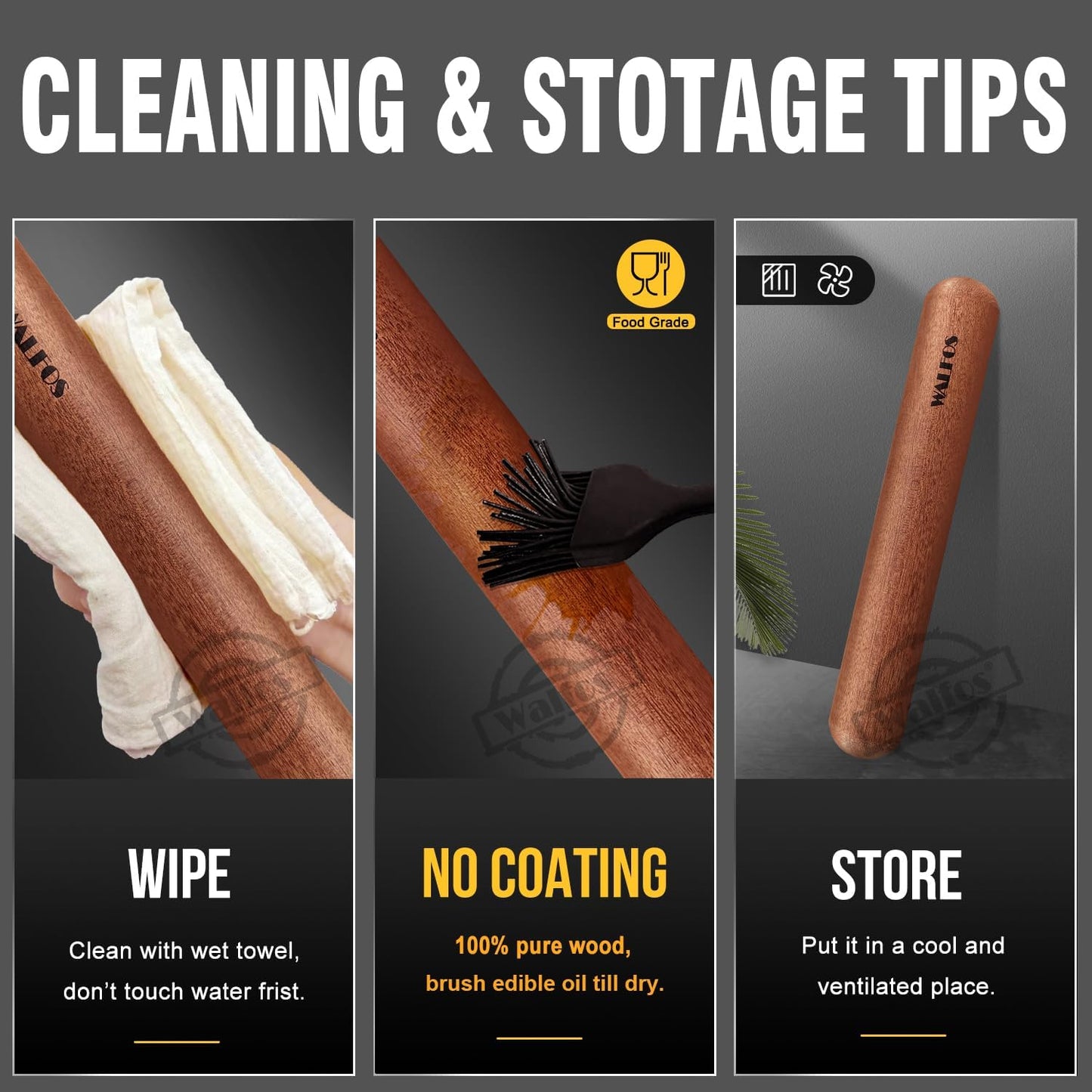 Walfos Mini Rolling Pin - Small Natural Wooden Rolling Pins, Baking Dough Roller for Pizza, Pie, Pasta, Bread, Pastry, No Coating (8inch)