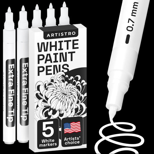 ARTISTRO 5 White Paint Pen for Rock Painting, Stone, Ceramic, Glass, Wood, Tire, Fabric, Metal, Canvas. Set of 5 Acrylic Paint White Marker Water-based Extra-fine Tip