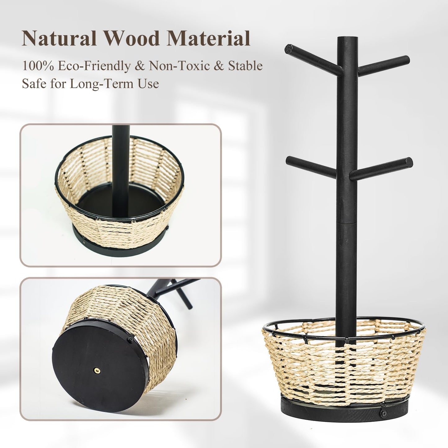 Wood Mug Holder Tree With Woven Basket, 4 Hooks Coffee Mug Holder, Countertop Mug Tree For Kitchen Counter Cabinet Coffee Bar Accessories Cup Display Organizer Hanger(Black)