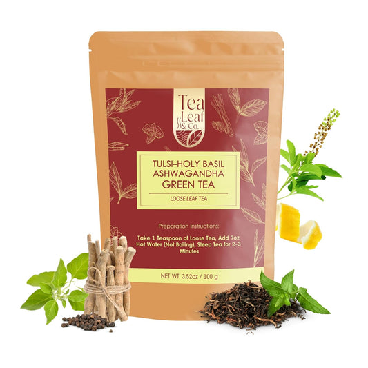 Tealeaf & Co. Tulsi Holy Basil Ashwagandha Green Tea Loose Leaf with Lemon Peel, Lemongrass & Black Pepper - Tulsi Tea with Fresh Herbs and Spices - 50 Servings, Gluten Free (3.52oz/100gm)