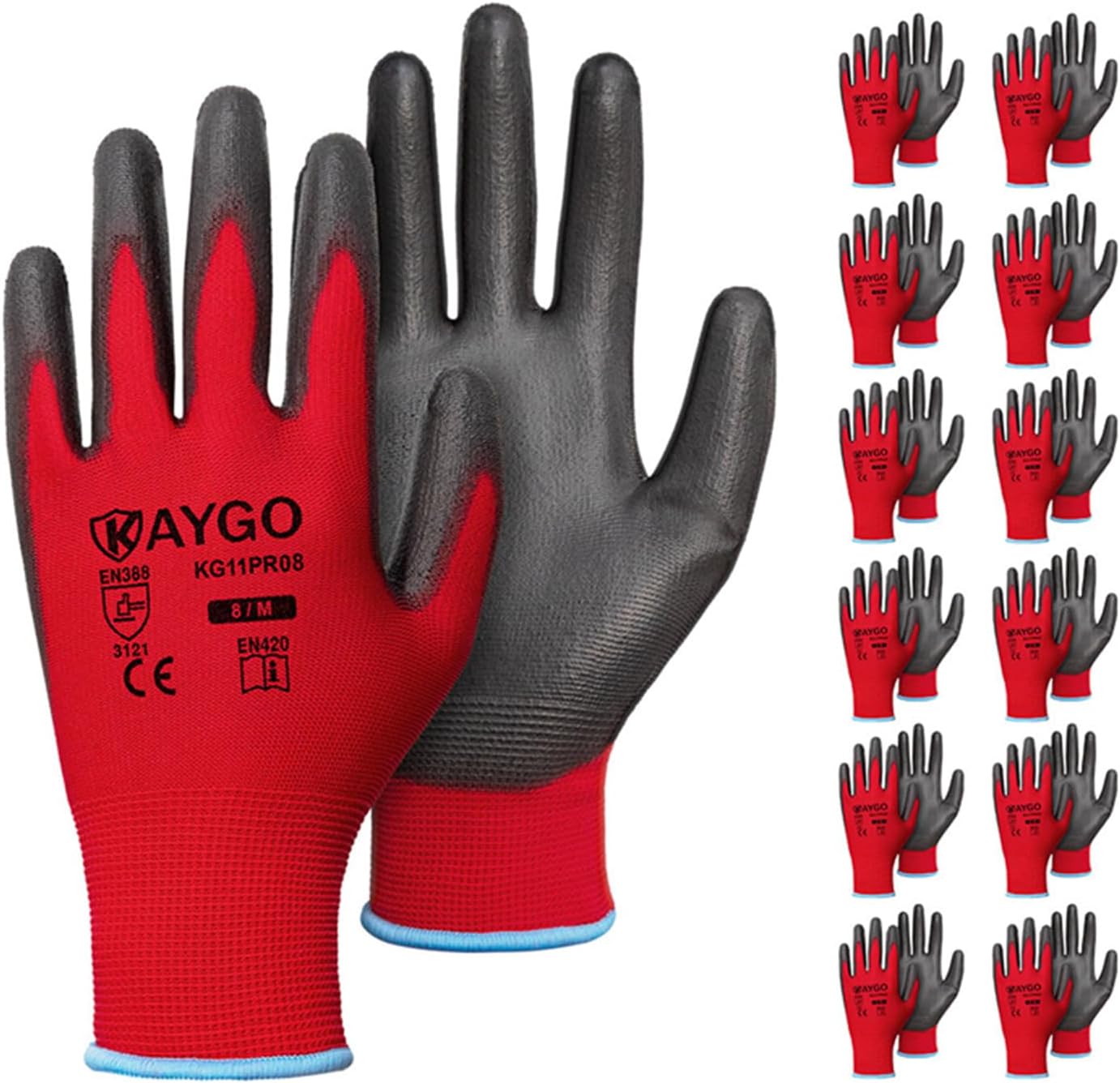 KAYGO Safety Work Gloves PU Coated for Women, 12 Pairs Seamless Knit Glove with Polyurethane Coated Smooth Grip on Palm and Fingers, Ideal for General Duty Work, KG11P (M, Red)