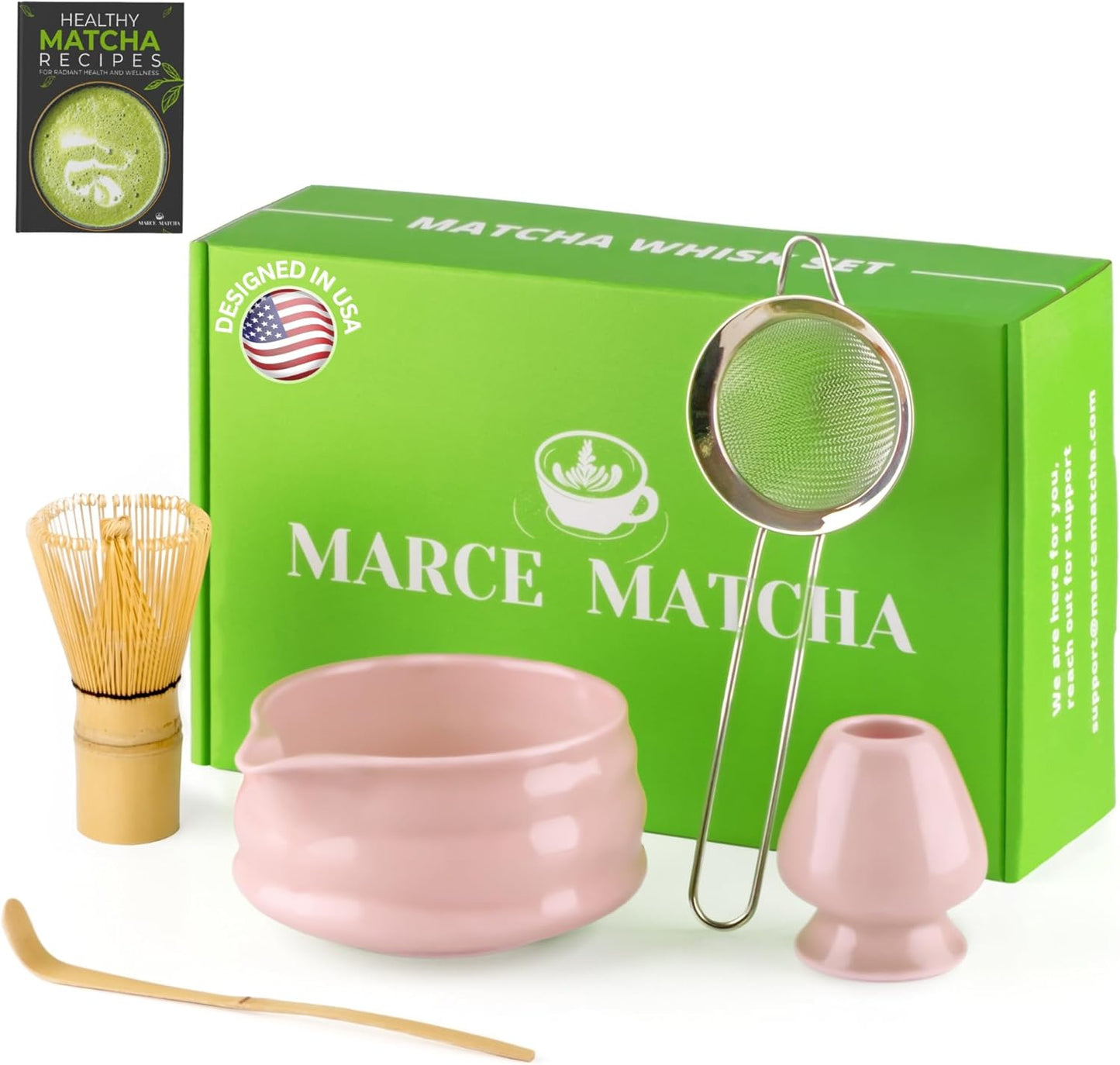 Marce Matcha Whisk Set- Matcha Set includes Matcha Whisk and Bowl with Spout, Sifter, Holder and Scoop- The Perfect Bamboo Whisk for Matcha Tea (Pink)