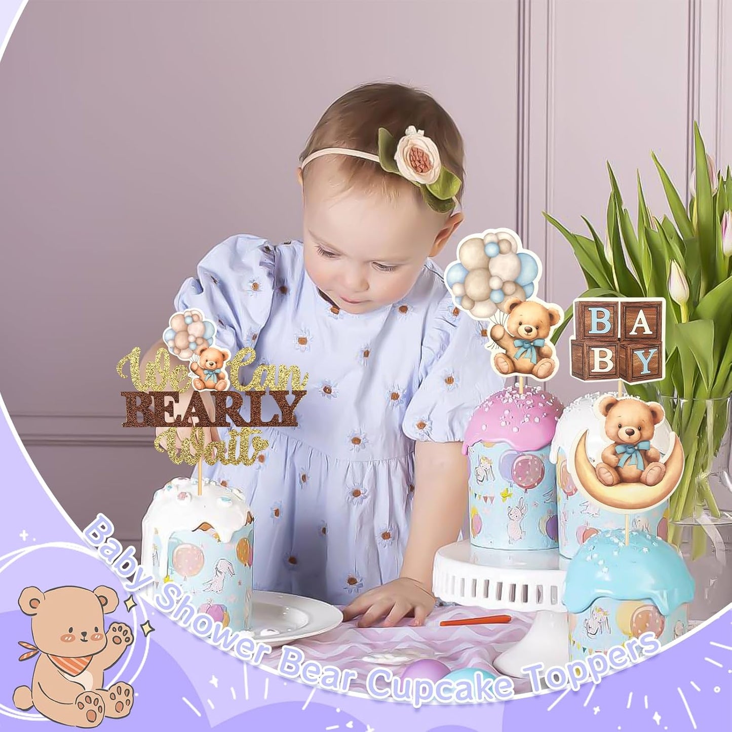 MEMOVAN Bear Baby Shower Cupcake Topper 25pcs We Can Bearly Wait Cake Cupcake Topper Bear Cake Cupcake Decoration for Baby Boy We Can Bearly Wait Bear Theme Birthday Baby Shower Gender Reveal Party