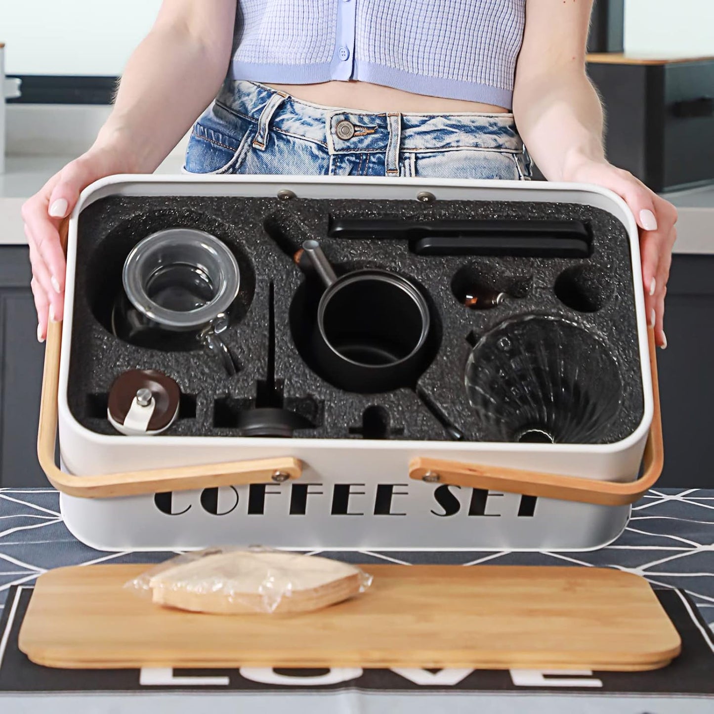 Pour Over Coffee Maker Set Coffee Kettle Scale Server Dripping Cup Bean Grinder Filter Paper Ceramic Cup ALL in 1 Great Portable Metal Box for Traveling Excellent Coffee Gift