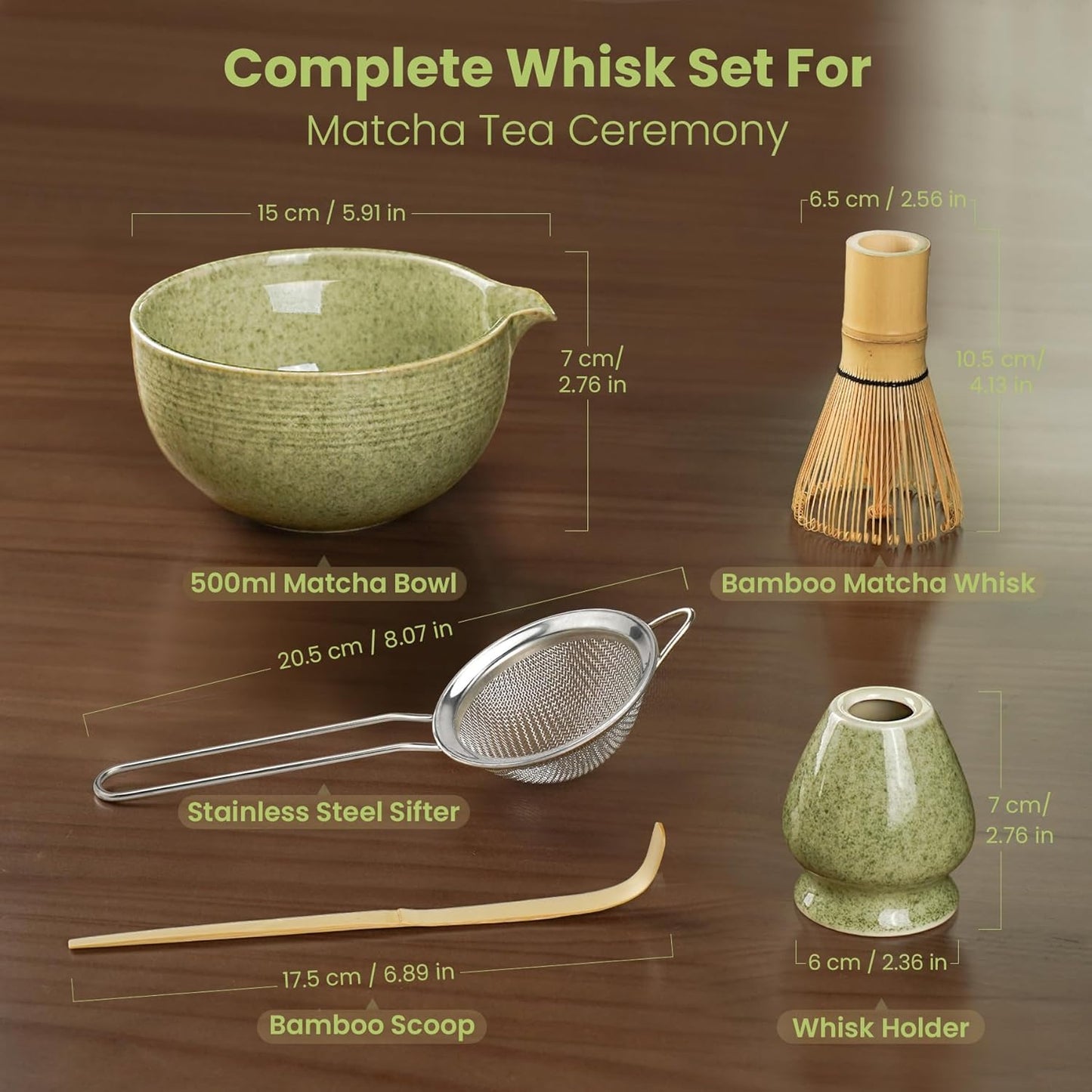 Matcha Whisk Set, Handcrafted Bamboo Chasen & Ceramic Bowl Matcha Kit, Complete 5 Pcs Matcha Set Whisk and Bowl W/Stainless Steel Sifter, Bamboo Scoop & Holder for Matcha Tea Ceremony (Mottled Green)