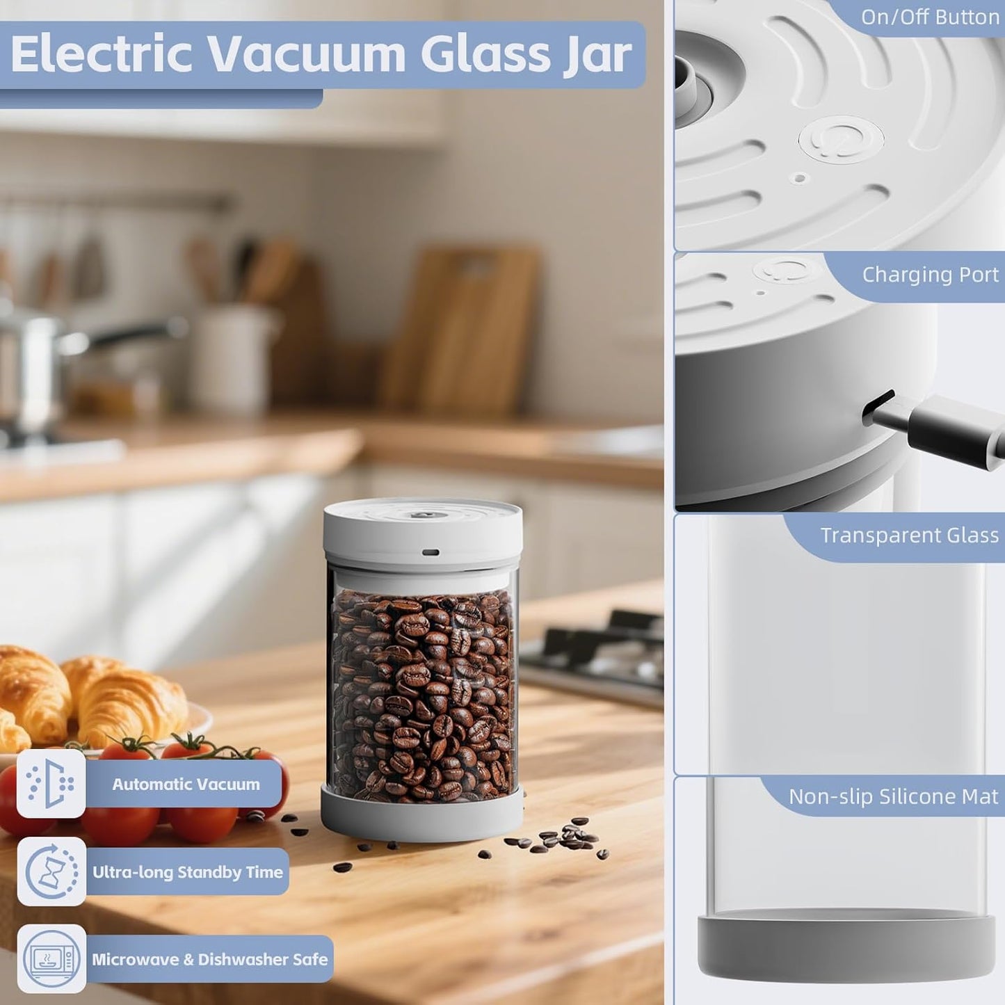 Auto Vacuum Coffee Container, 1.1L/16oz Airtight Food Storage Containers, Coffee Bean Storage Canister, Glass Storage Jars for Beans & Food