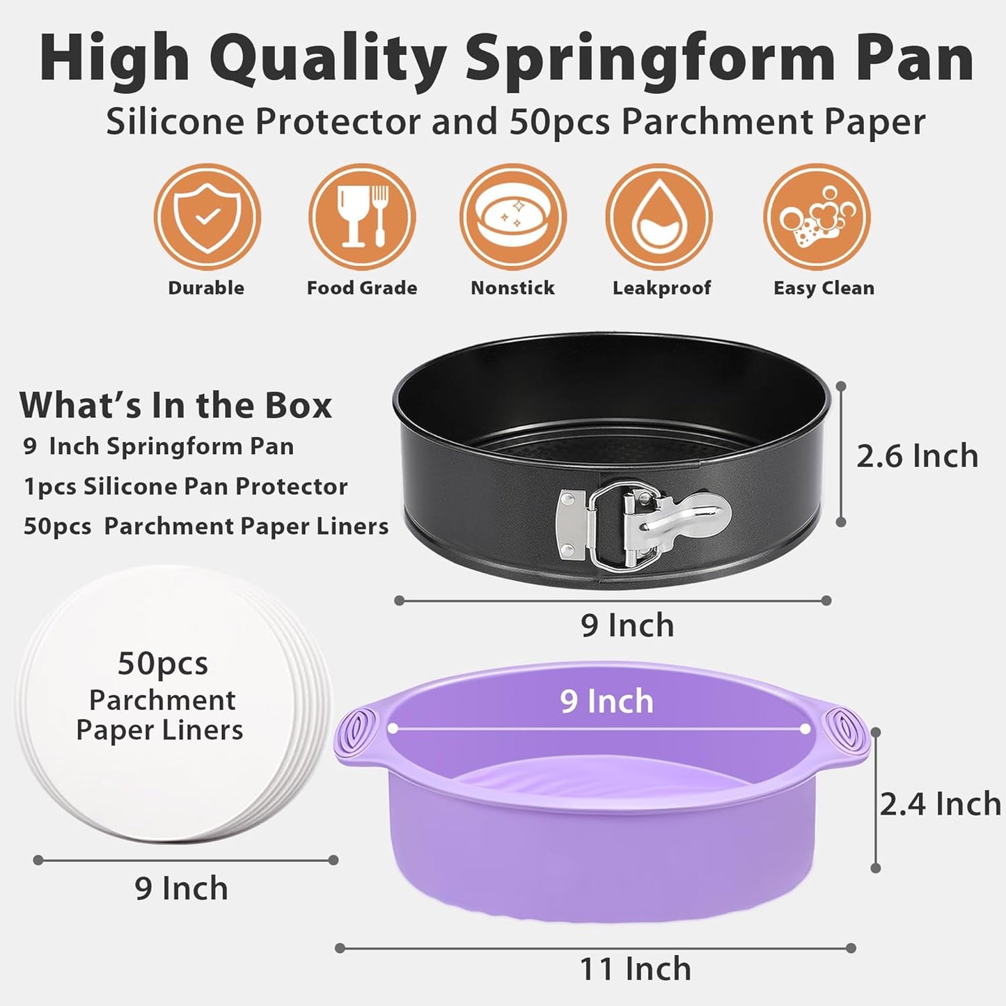 Springform Pan 9 Inch Nonstick Cheesecake Pan with Protector, Leakproof Spring Form Pan for Cheesecake, Round Cheese Cake Pans for Baking, 9 Inch Springform Cake Pan with 50Pcs Parchment Paper