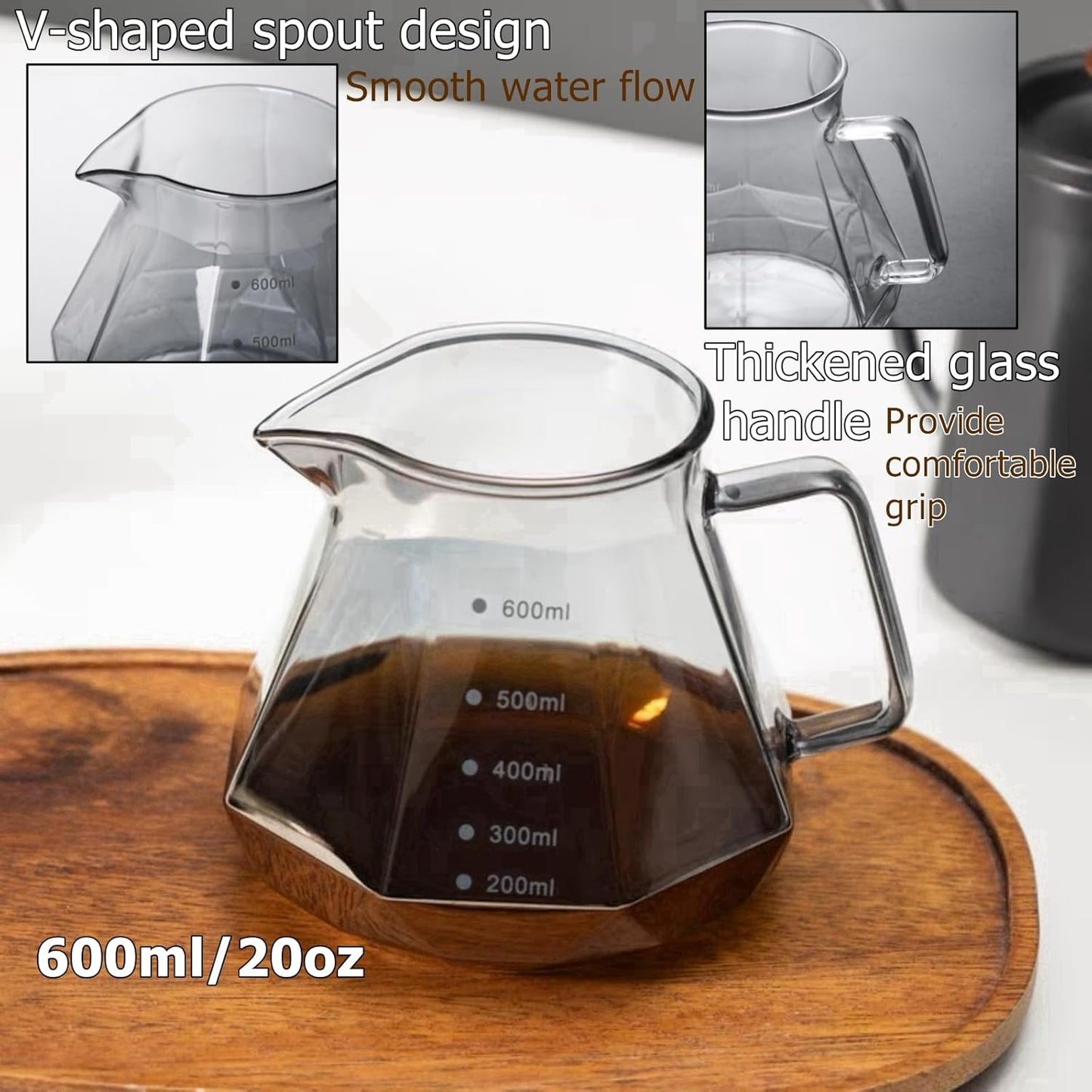 Pour Over Coffee Maker Set 20 oz, 600 ml Borosilicate Glass Coffee Server with Glass Lid, 50 pcs Paper Filter, Walnut Handle Pour Over Coffee Dripper for Home Café Restaurant,Gray