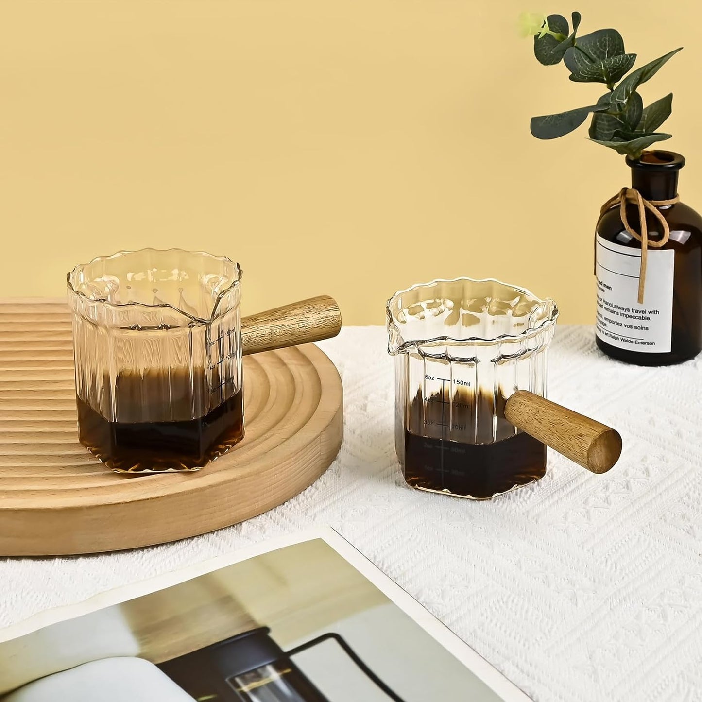 Glass Measuring Cup, 5oz Espresso Shot Glass with Wood Handle, Double Spouts Measuring Triple Pitcher Milk Cup for Coffee Tea (Transparent Ribbed)