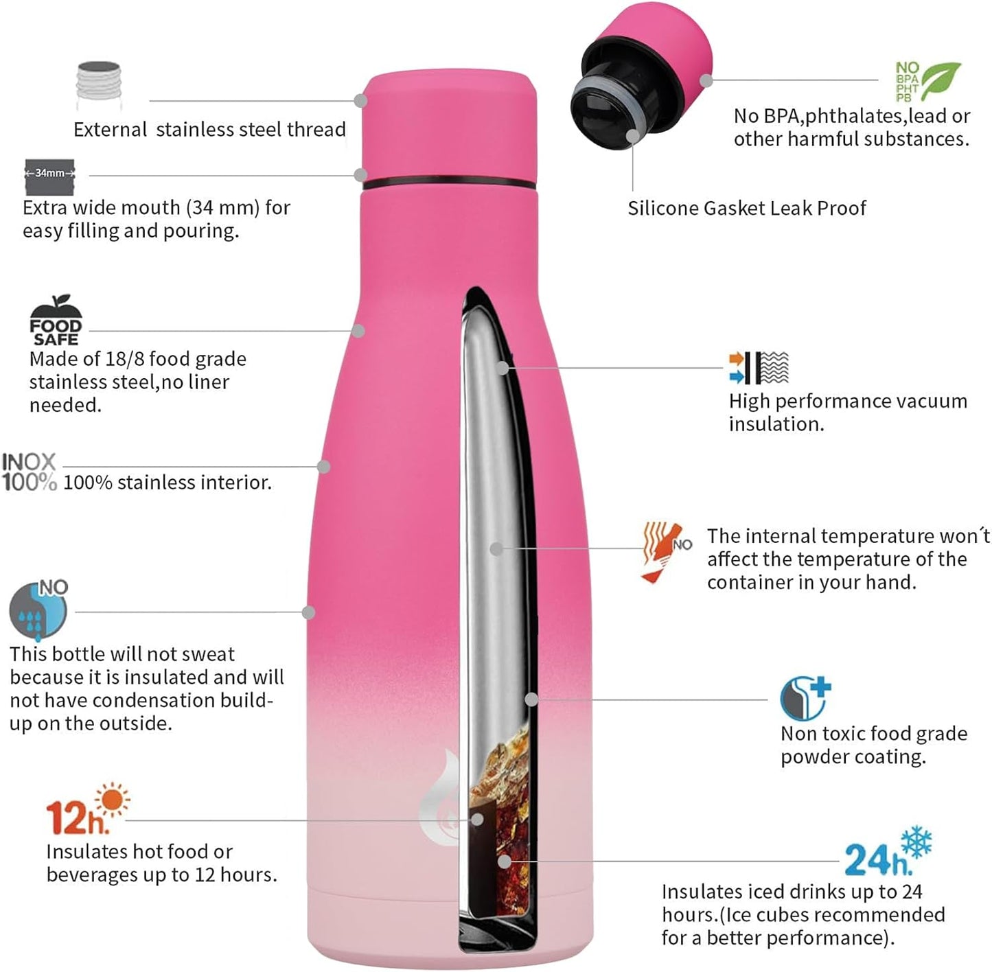 BJPKPK Insulated Water Bottle 12oz Small Stainless Steel Water Bottles Reusable Metal Thermos Keep Cold and Hot,Cherry