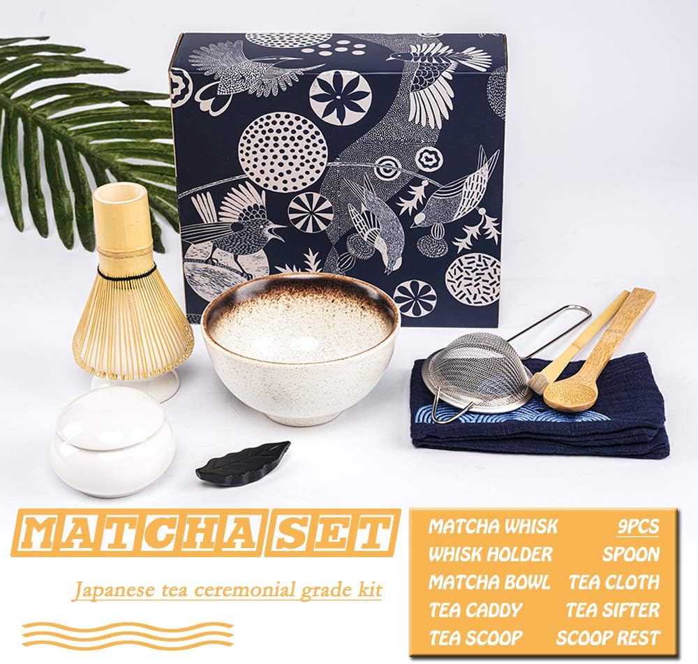 Bamboo Matcha Whisk and Bowl Set - Authentic Matcha Kit for Traditional Tea, 9 Pcs