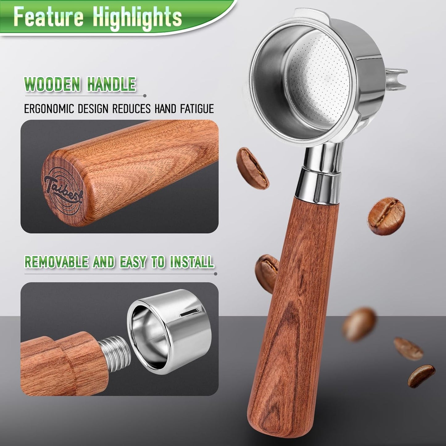 51mm Portafilter for CASABREWS 3700/CM5418, Dual Spout Espresso Handle with Siam Rosewood Grip & 304 Stainless Steel Basket