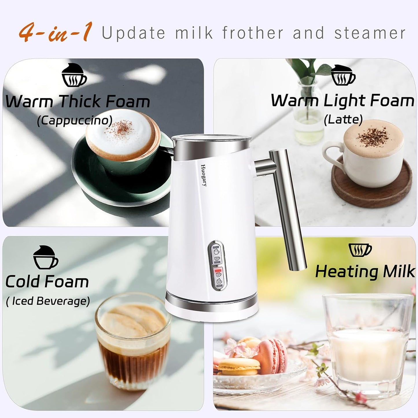 Huogary 4-in-1 Milk Frother, Updated Milk Frother and Steamer, Milk Steamer for Milk Foam & Hot Milk(4.39oz/10.5oz), Electric Milk Warmer and Frother for Coffee, Latte, Cappuccino White 120V