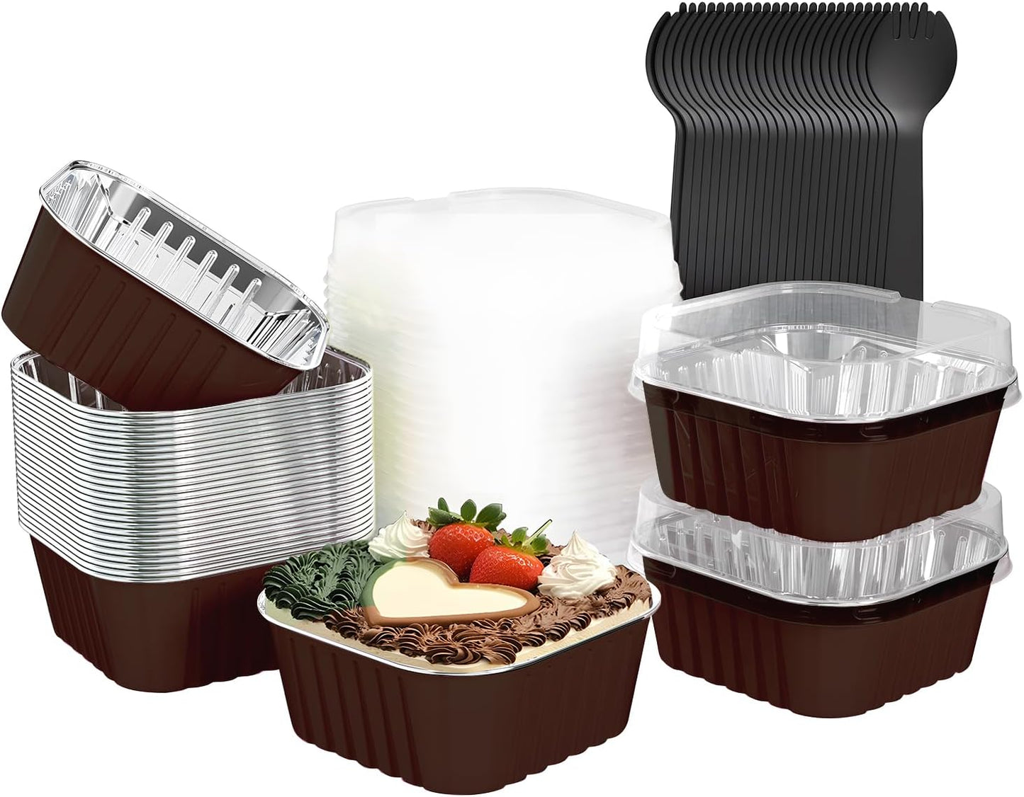 25 Pack Square Mini Cake Pans with Lids,Mini Loaf Pans with Lids,Aluminum Foil Baking Cups,Disposable Ramekins Cupcake Cups,Muffin Tins,Dessert Cups for Wedding Birthday Party Picnics,5oz (Coffee)