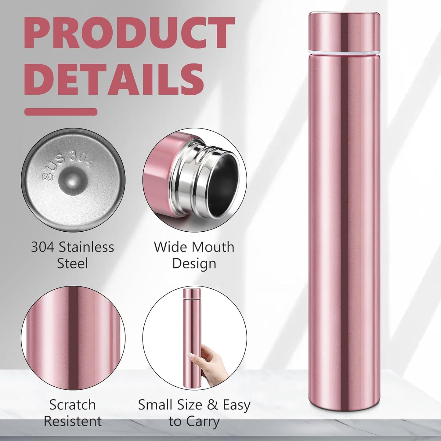 Vesici 1 Pack Slim Water Bottle 8.8 oz Small Stainless Steel Purse Compact Insulated Water Bottles Camping Travel Backpack Pocket Flask for Car Cold Coffee Tea (Rose Gold)