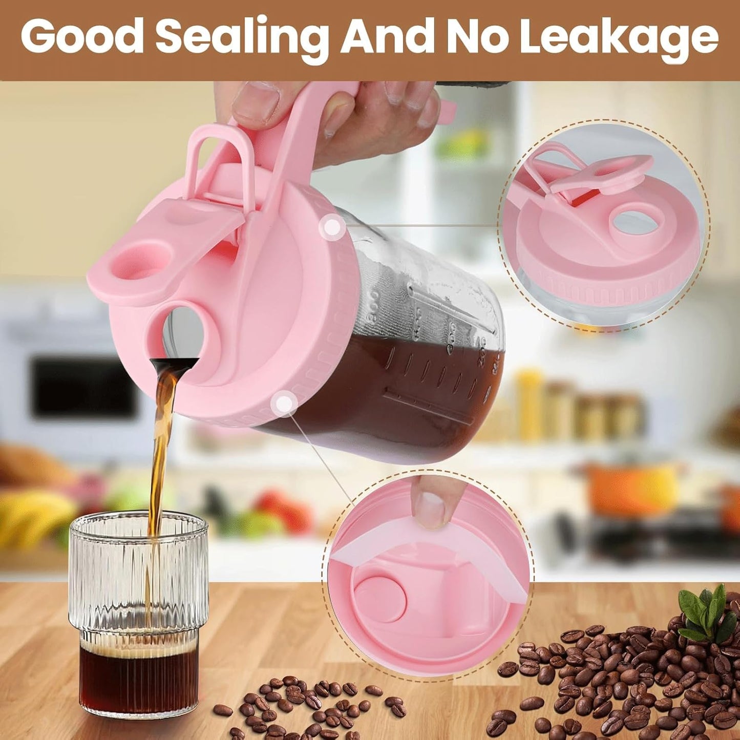 Cold Brew Coffee Maker,32 oz Mason Jar Pitcher with Stainless Steel Filter, Pour Spout Handle Lid, Heavy Duty Glass Airtight & Leak-Proof Pitcher for iced coffee Tea Lemonade-Pink