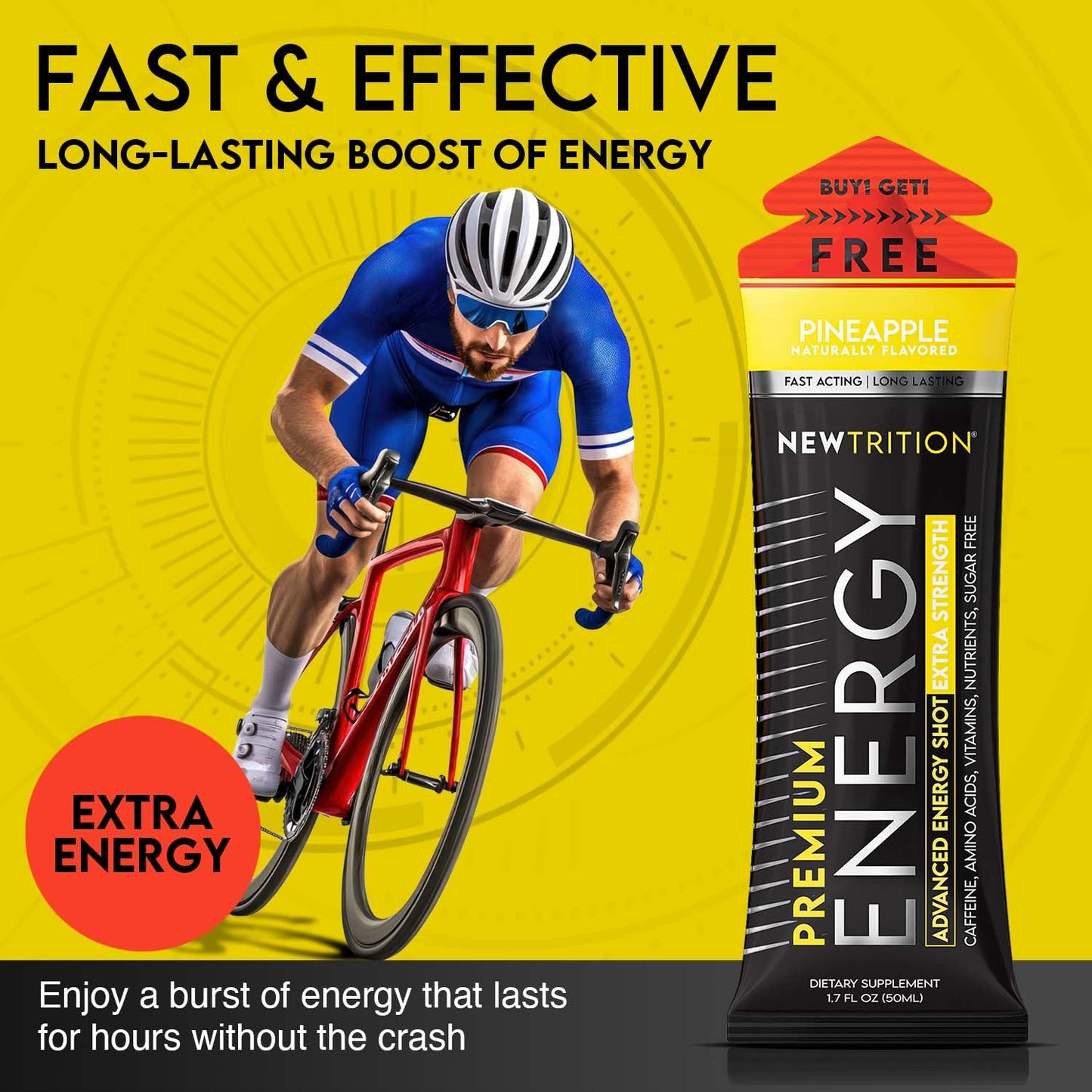 NewTrition® Extra Strength Energy Shots, 250mg Caffeine Energy Shots with Vitamin B & Amino Acids, Sugar-Free Vitamin Energy Shot, 1.7 fl oz (Pack of 24, Pineapple)