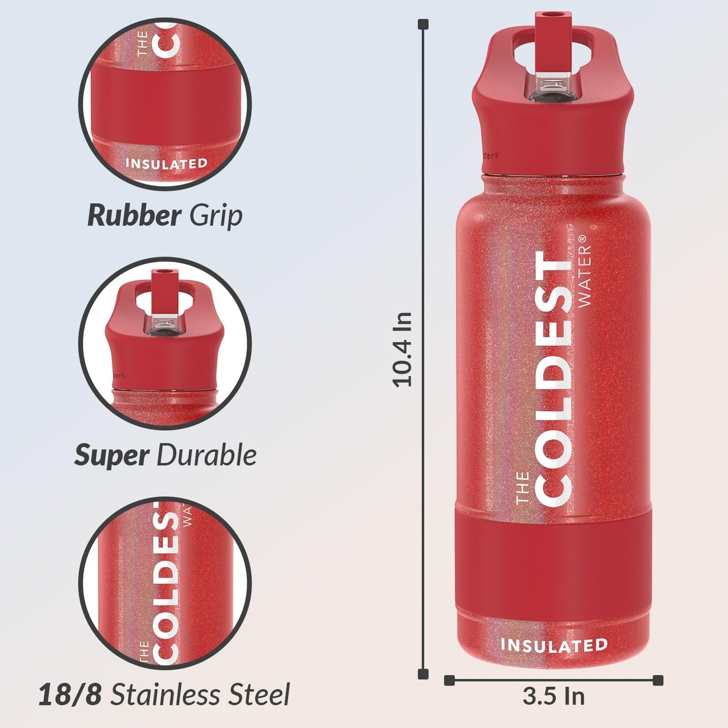 Coldest Insulated Water Bottle with Straw Lid - Stainless Steel Metal Insulated Bottle for Men & Women (Mars Red Glitter, 32 oz)