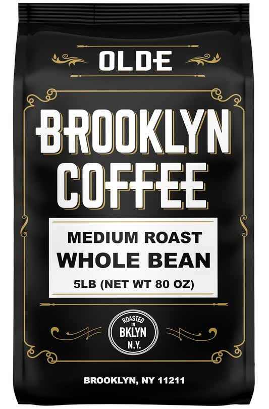 BROOKLYN COFFEE Whole Bean, Classic Medium Roast (5lb) Balanced, Smooth, Mellow - Fresh Bulk Coffee Beans Roasted Weekly in NYC