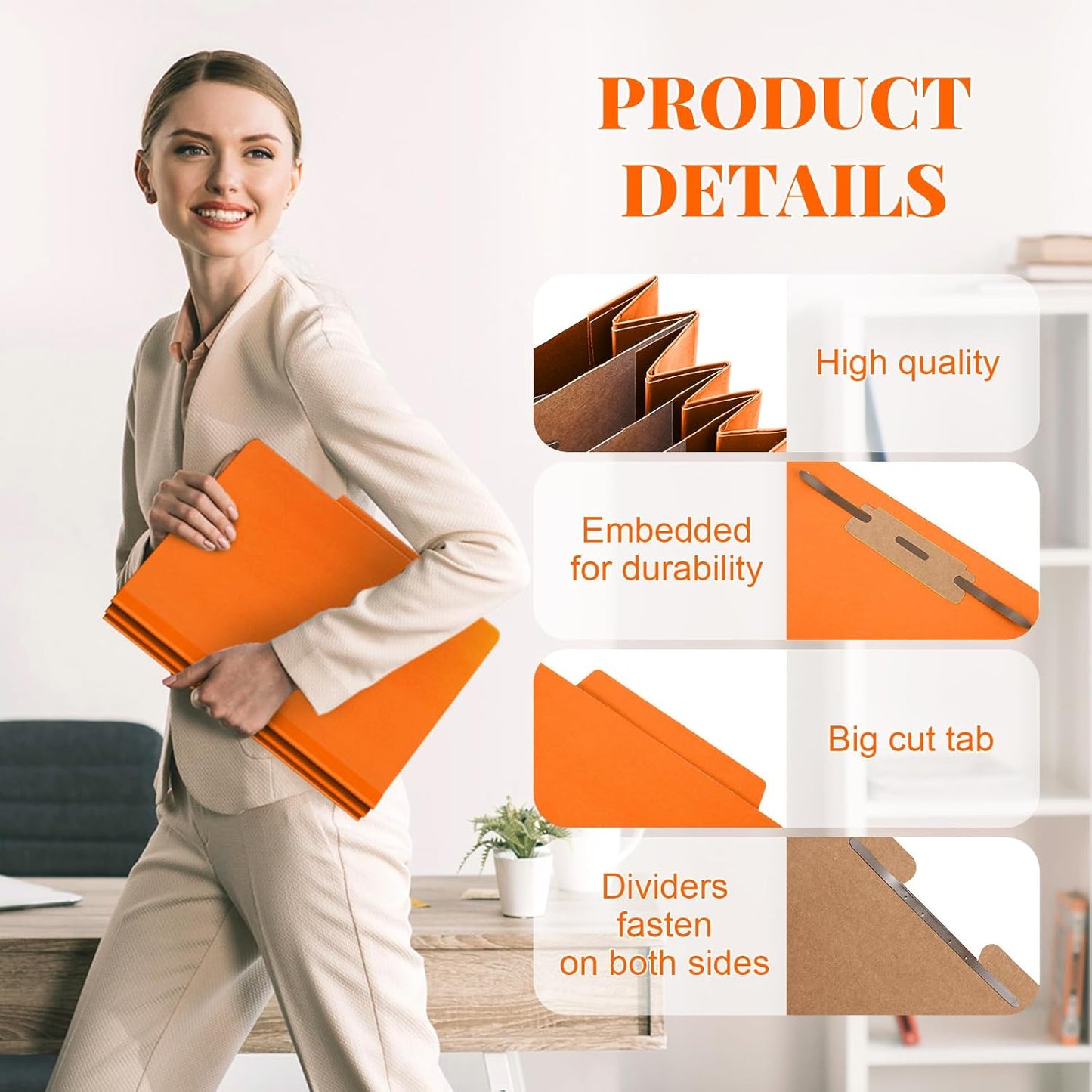 48 Pcs Classification Folders Letter Size, Back to School Supply for Teacher, Student, 3 Dividers Pressboard File Folder Bulk with 2 Fasteners, 3.5 Inch Expanding File Organizer (Orange)