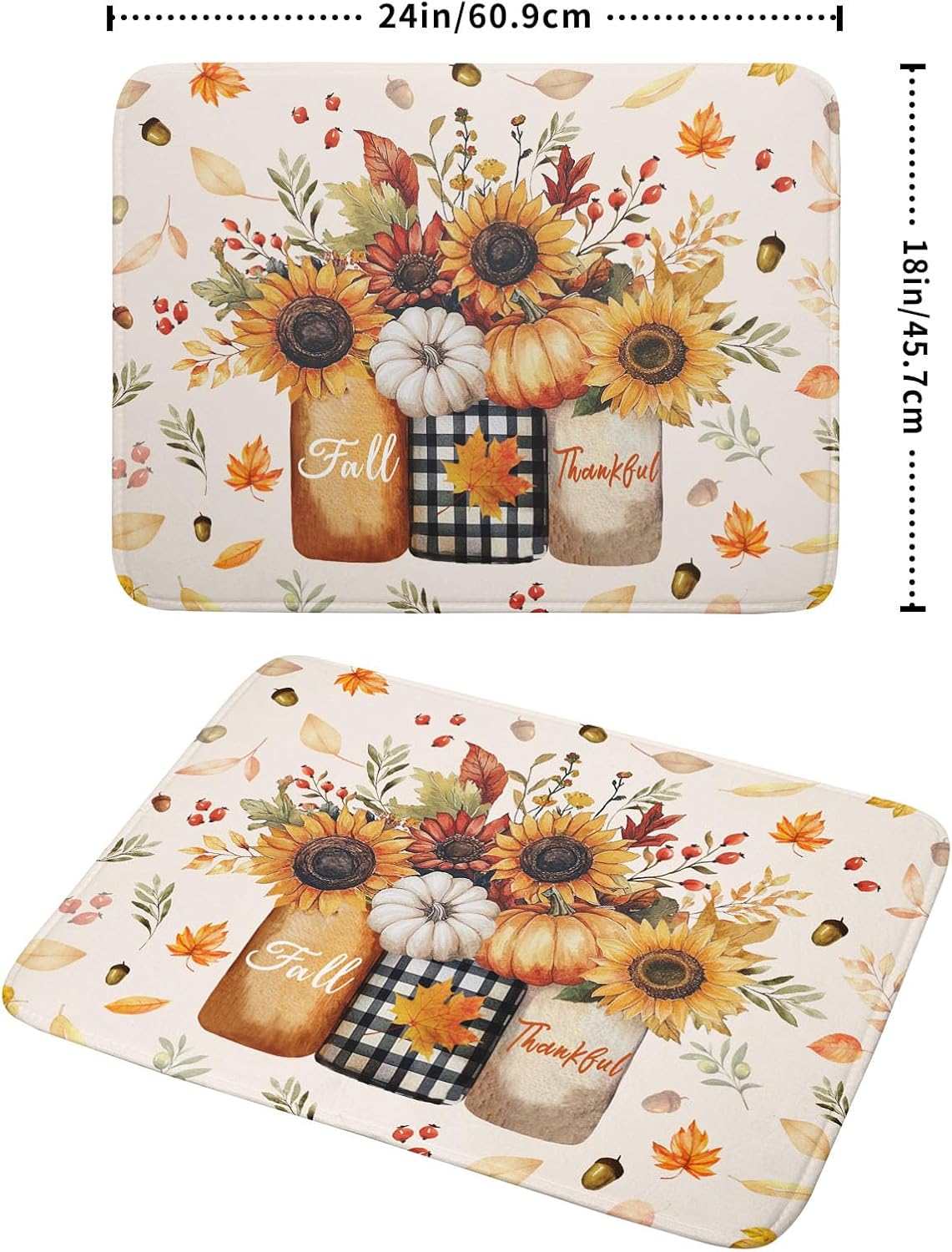 Autumn Sunflowers Vase Dish Drying Mat for Kitchen Counter,Fall Pumpkin Maple Leaves Drying Mat 18 x 24 Inch with High Absorbent Microfiber Dish Drying Drainer Mat for Coffee Bar