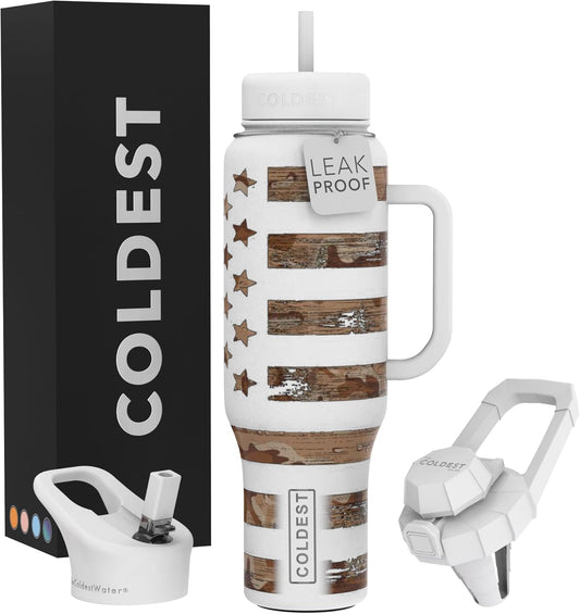 Coldest 40 oz Tumbler with Handle and Straw - 100% Leak Proof Insulated Tumbler with Lid and Straw (3 Lids) - Stainless Steel Tumblers for Women & Men - Cup Holder Friendly Base, 46 oz (The Patriot)