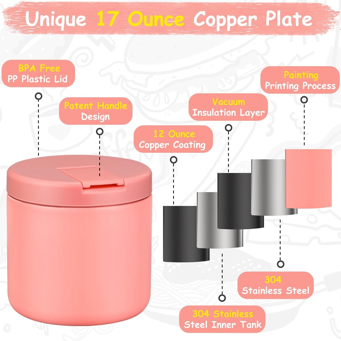 19oz Insulated Vacuum Food Jar with Buckle Lid Wide Mouth Soup Thermo for Hot Food Kids Leakproof Stainless Steel Lunch Container- Pink-1Pack