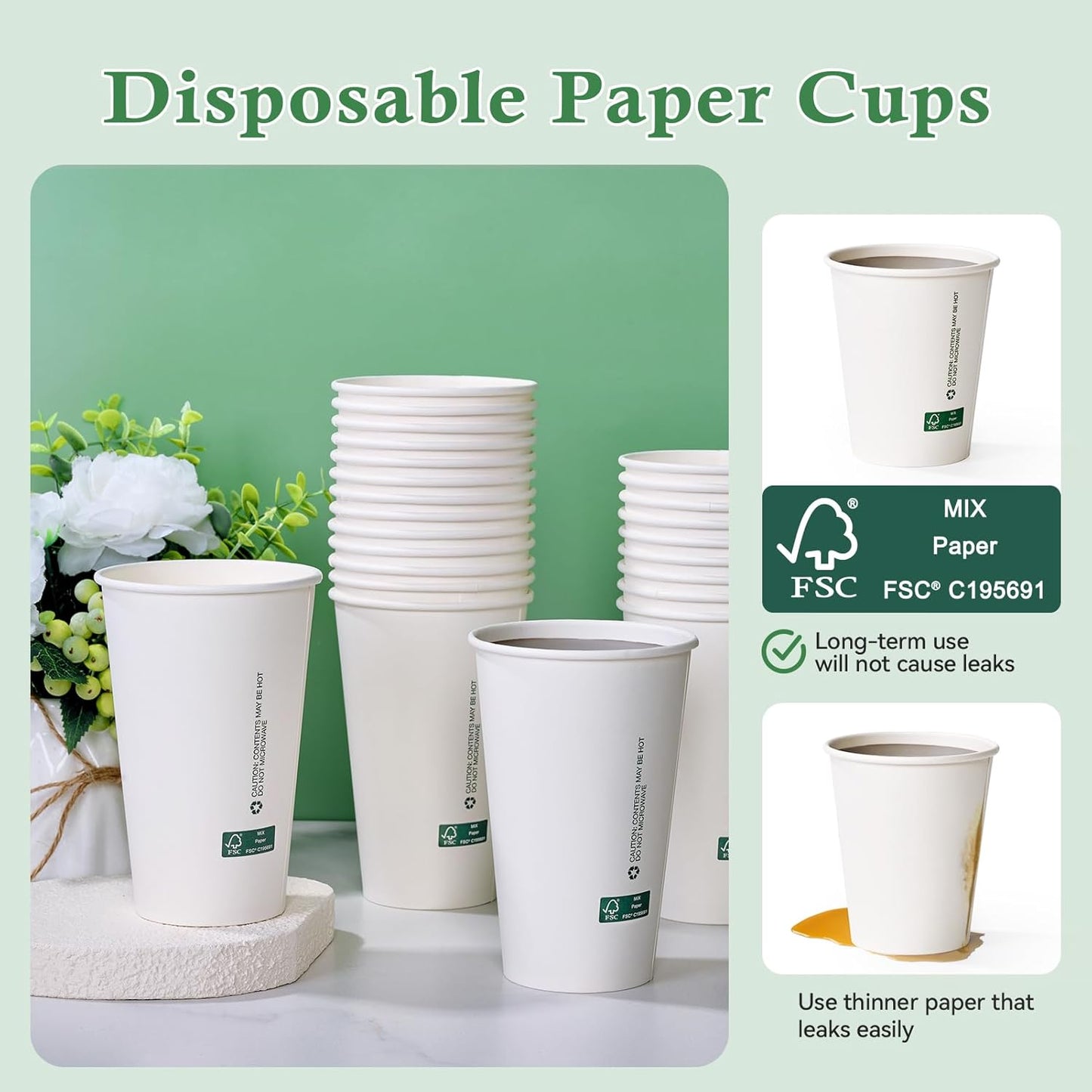 LITOPAK 210 Pack 16 oz Disposable Paper Coffee Cups, White FSC Hot Coffee Cups for Multiple Drinks for Office, Store, Home