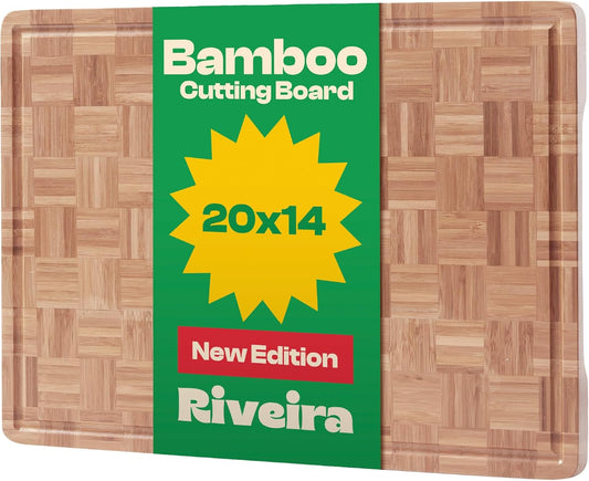 Riveira Bamboo End Grain Wood Cutting Board – Gourmet Bamboo Grandeur: 20 x 14 Wooden Cutting Boards – Wooden Cutting Boards For Kitchen Decorative – Innovative Juice Grooves End Grain Cutting Board