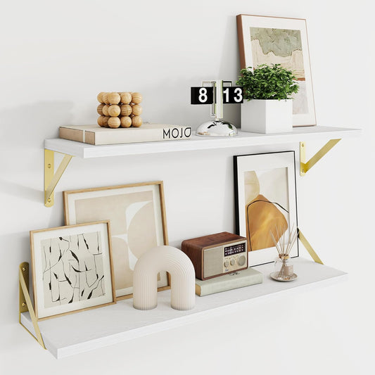 Dreamland Deep Floating Shelves for Wall, 30W x 8D Wall Shelves, Set of 2, 30 inch Floating Shelf with Sturdy Metal Brackets for Living Room, Bathroom, Bedroom and Kitchen, White with Gold Brackets