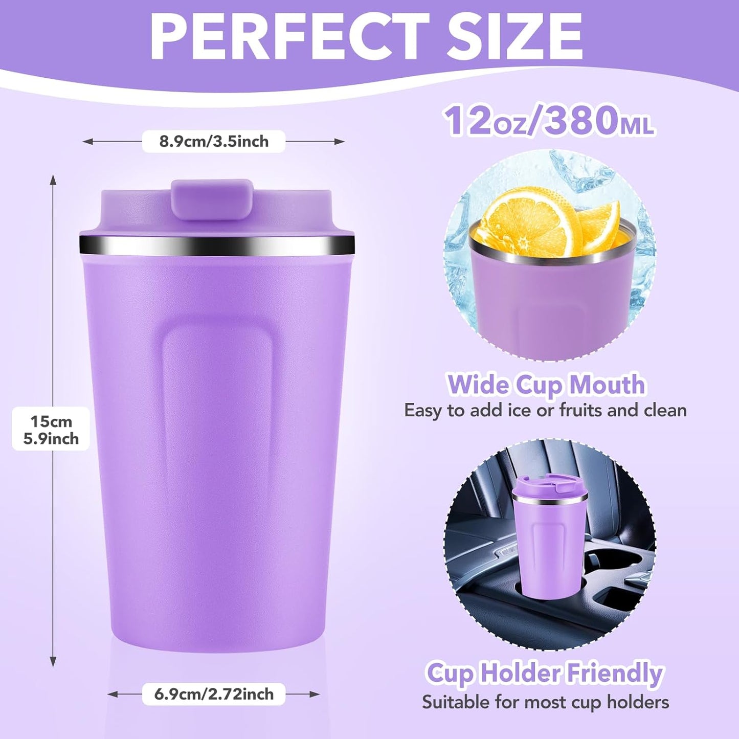 Volhoply 12 oz Double Wall Insulated Vacuum Travel Coffee Mugs with Flip Lid Bulk 2 Pack,Reusable Stainless Steel Leak Proof Coffee Cup,Portable Cafe Thermal Tumbler for Hot&Cold Drinks(Purple,2 Set)