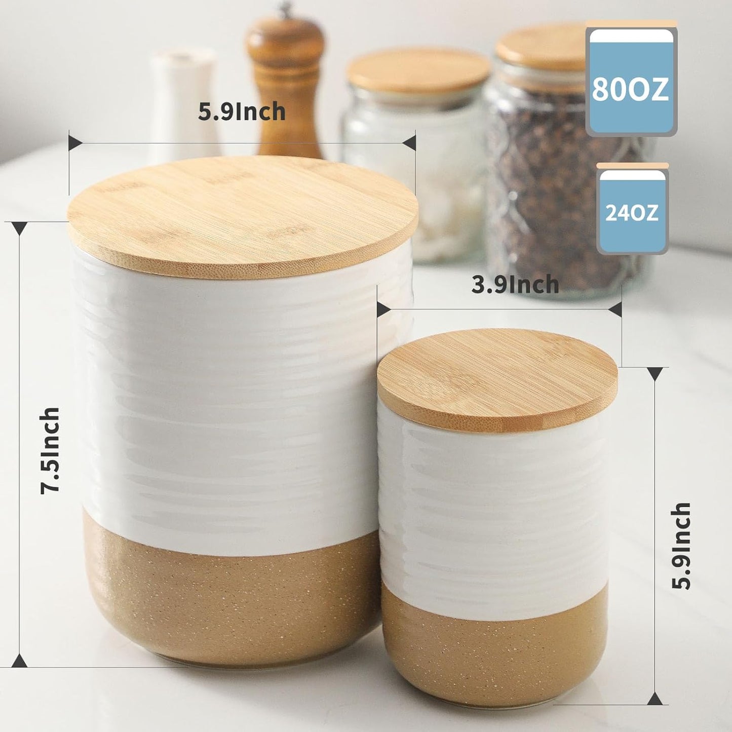 Hasense Ceramic Kitchen Canisters with Bamboo Lids – 80oz & 24oz Storage Jars Set – 7.5" + 5.9" Airtight Pantry Containers for Tea, Coffee, Flour, Snacks – Modern Minimalist Design 2-Pack White